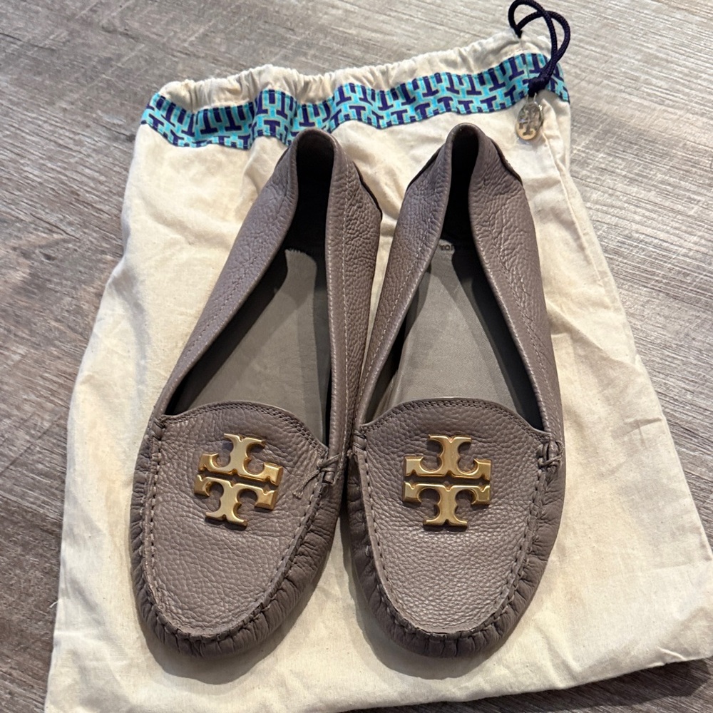 Tory Burch Taupe Leather Logo Moccasin Flats with Gold Emblems